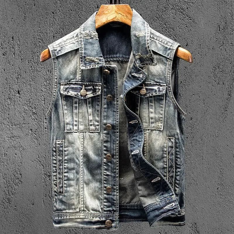 Mode 2025 Vintage Style américain Denim gilet pour hommes poches multiples coupe ajustée décontracté