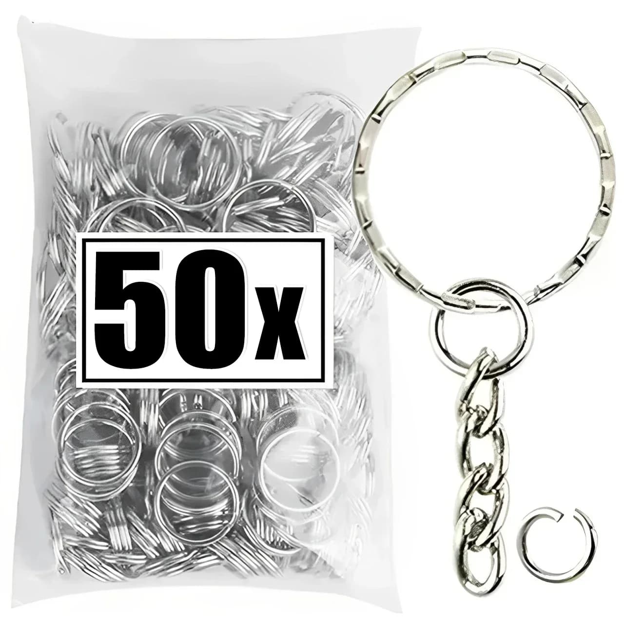 Porte-clés vierge en métal plaqué argent, 50/500 pièces, porte-clés fendus avec chaîne, boucles d'es