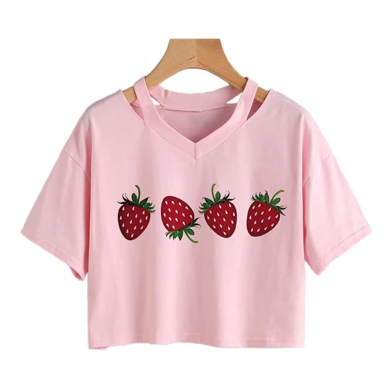T-shirt court imprimé motif fraise, col rond, manches courtes, pour femme, vêtement décontracté prin