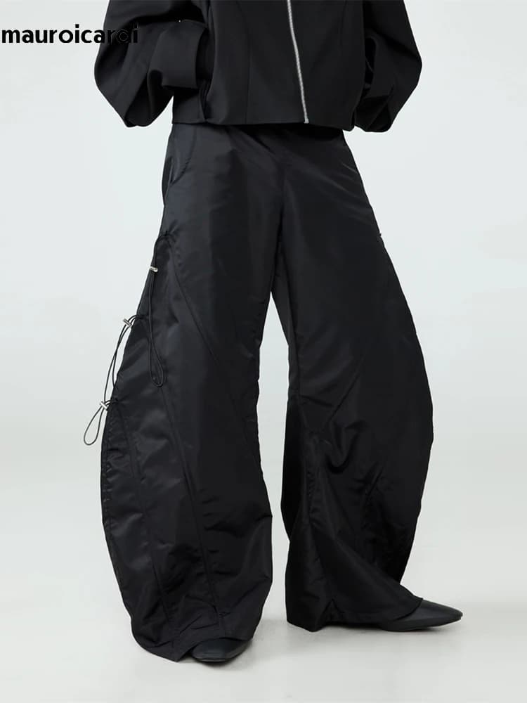 Mauroicardi-Pantalon Baggy Noir à Jambes Larges pour Homme, Taille artificiel astique, Long, Décontr