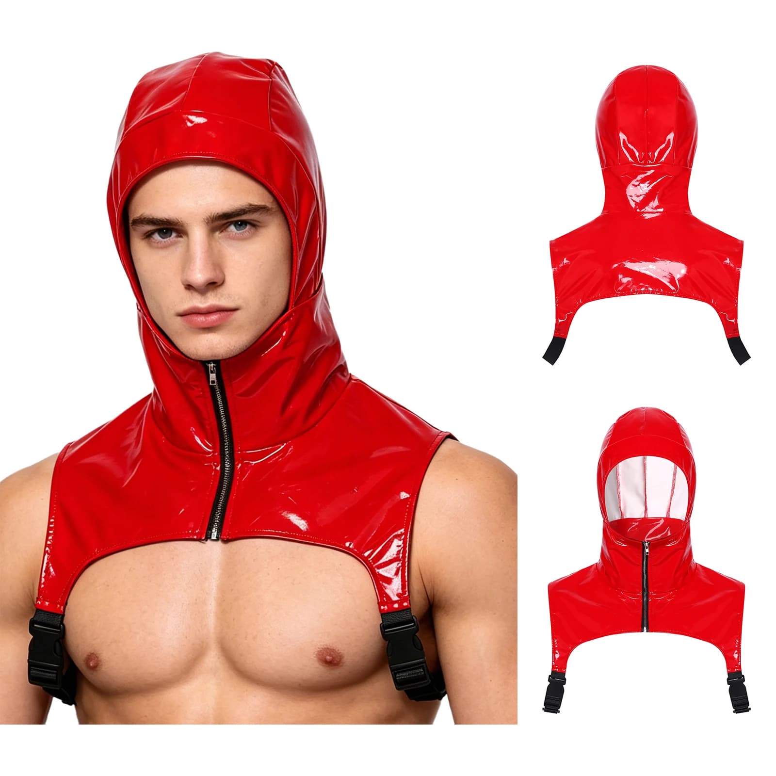 Débardeur court à capuche en similicuir PU pour homme, effet mouillé, col montant, fermeture éclair