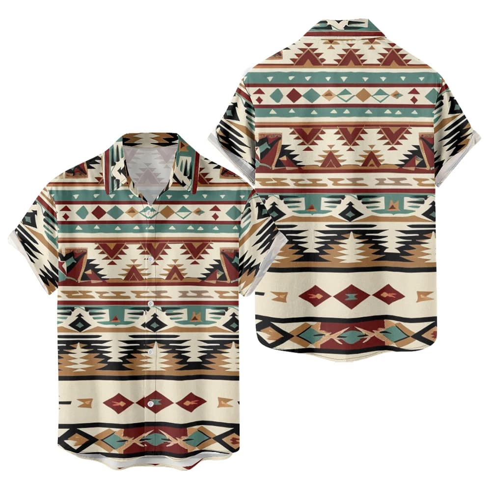 Chemise hawaïenne décontractée à rayures aztèques style western vintage à manches courtes boutonnée
