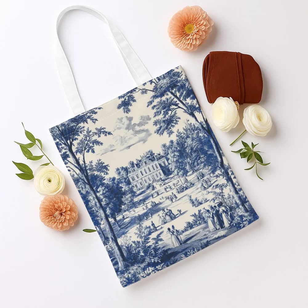 Sac fourre-tout imprimé paysage de château bleu et blanc, 1 pièce, sac de courses réutilisable, adap