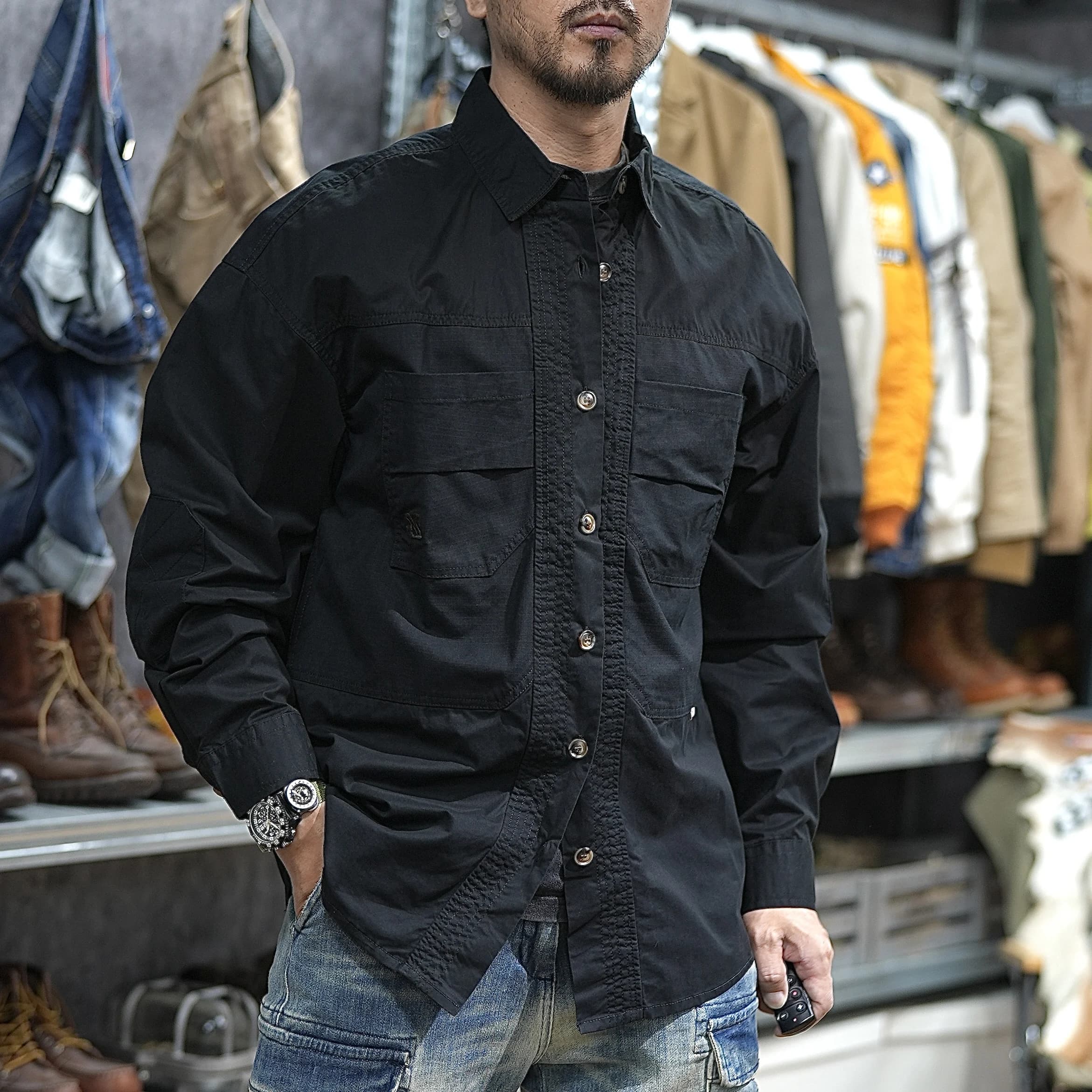 Patchwork utilitaire décontracté vêtements de travail en plein air chemises pour hommes printemps ét