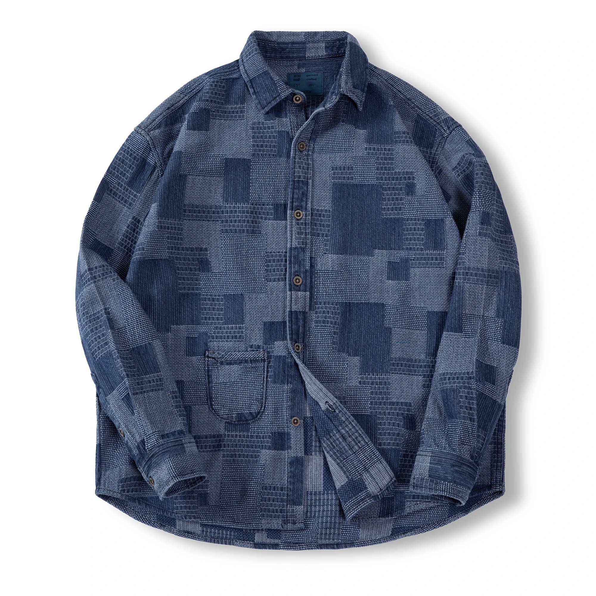 Maden Chemises en Denim Rétro Boro avec Col en Lapel et Design Patchwork Chemise à Manches Longues p