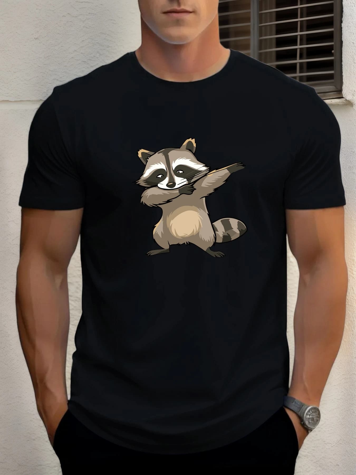 T-shirt pour hommes raton laveur 100 % coton imprimé graphique été col rond t-shirt décontracté resp