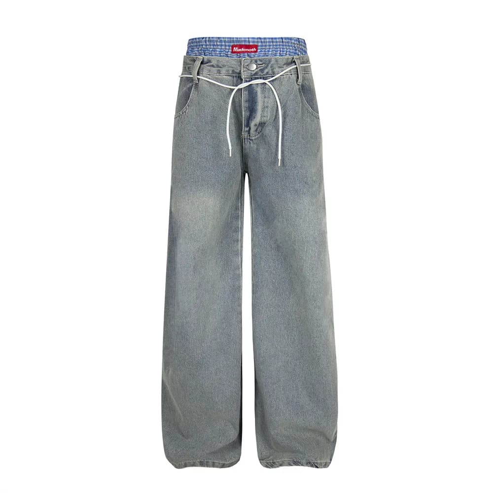 Jean Double taille pour hommes, avec ceinture, rétro, ample, droit, jambes larges, pantalon en Denim