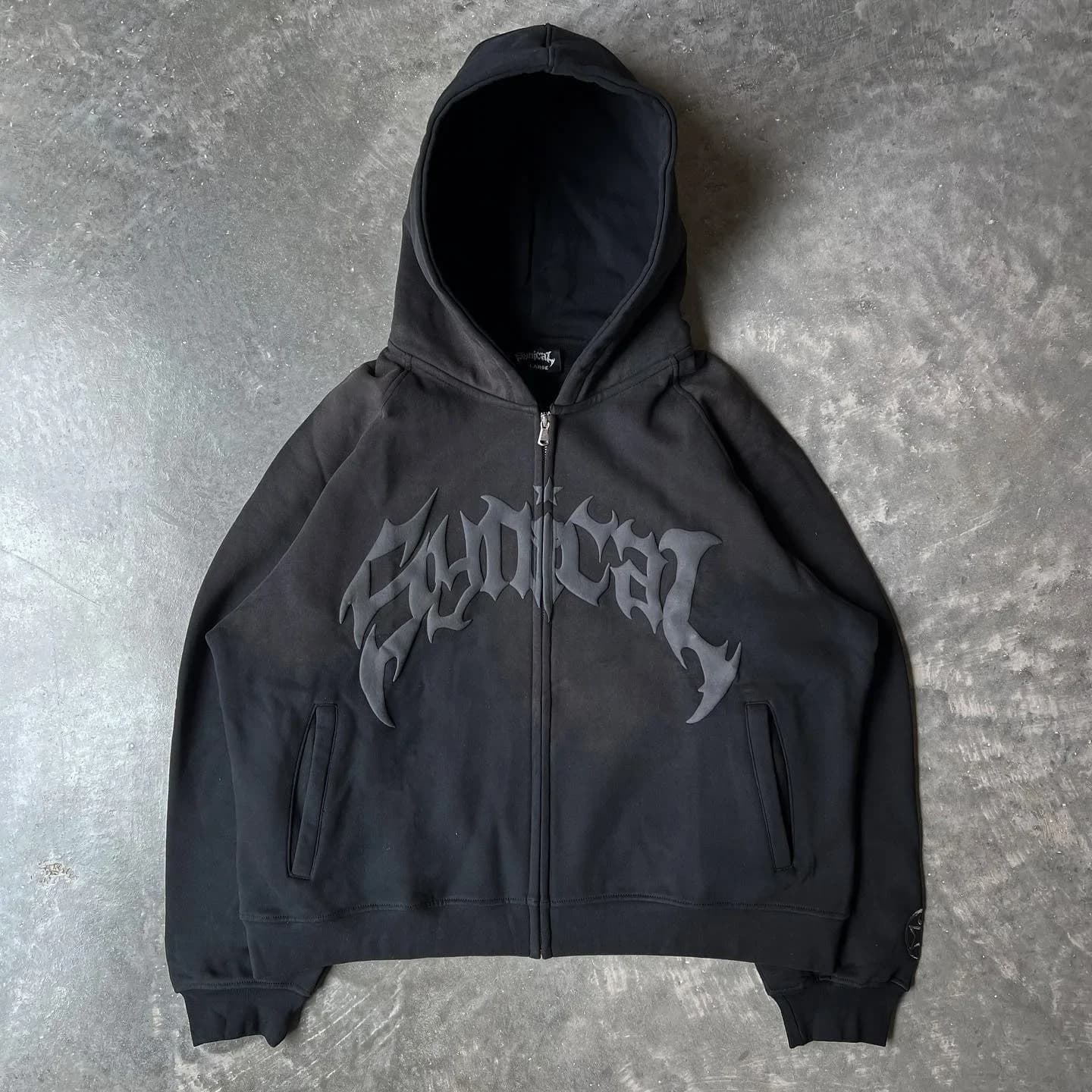 Veste à capuche rétro américaine pour hommes, chemise de protection à glissière, imprimé lettre goth