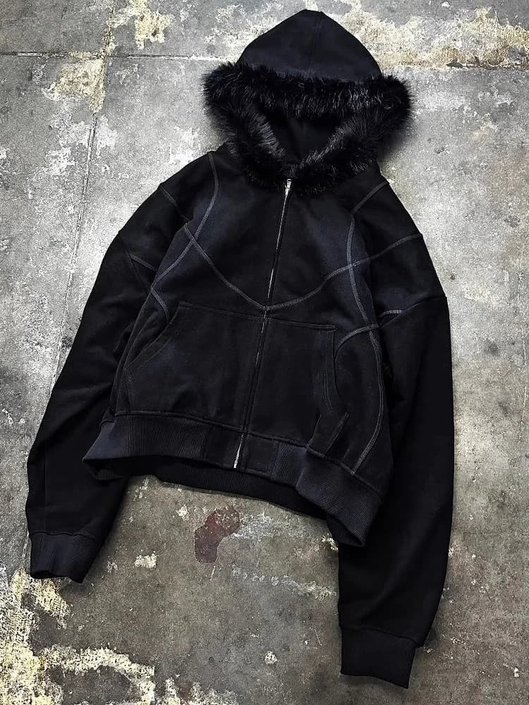 Sweat à capuche de rue Vintage pour hommes, veste noire à fermeture éclair, col en fourrure, Design
