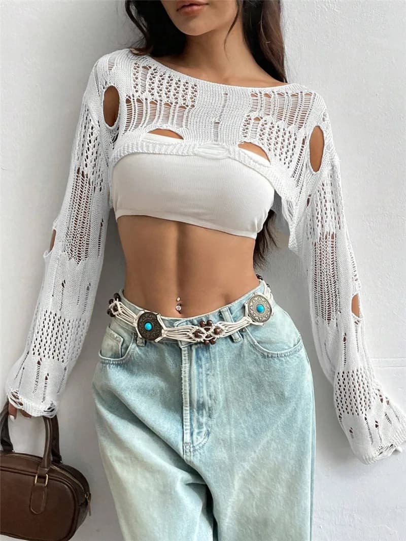 Femmes Sexy à manches longues voir à travers le crochet supérieur fleur trou creux tricoté Smock cou
