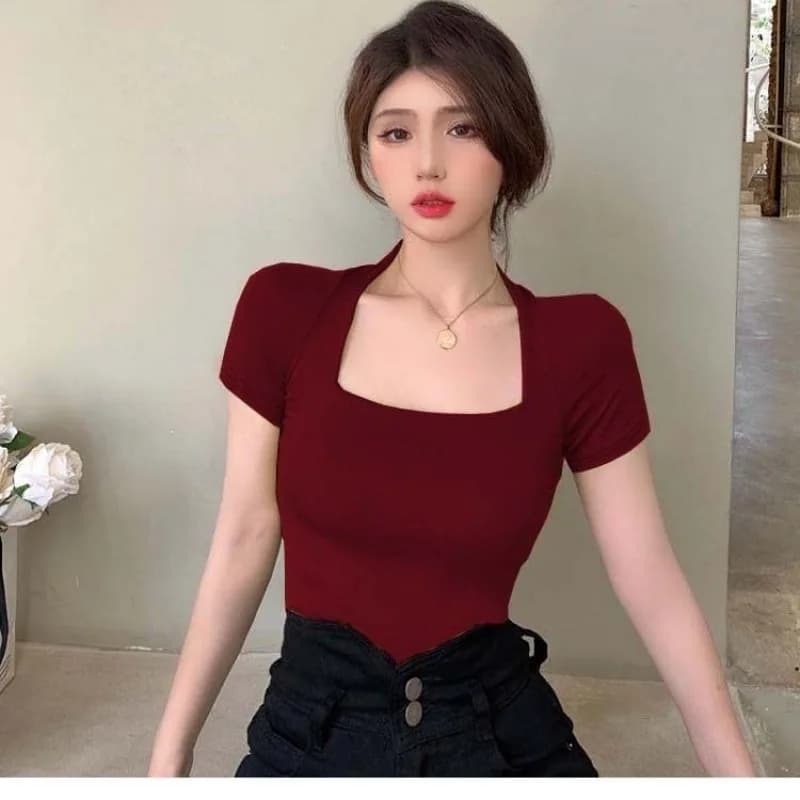 T-shirts Femme Coupe Basse Style Coréen Sexy Y2K Kpop Crop Tops Vintage Rétro Slim Bleu Vêtements Pa