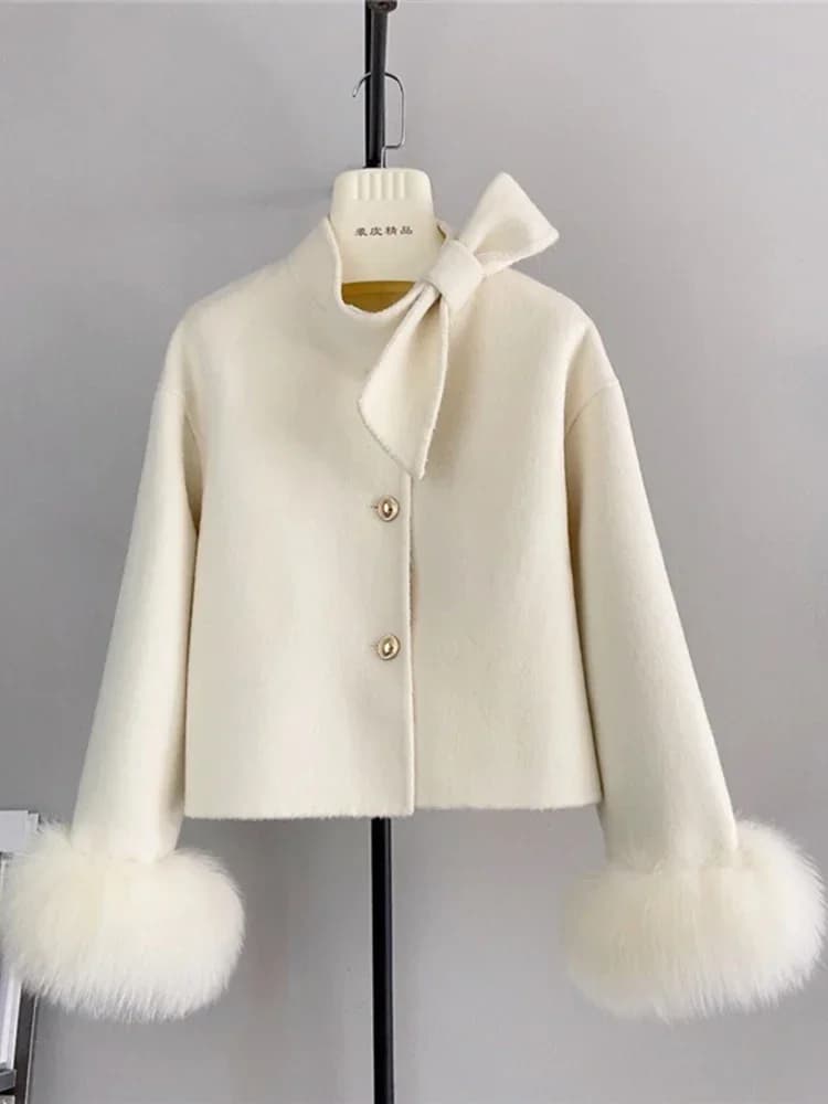 Manteau en laine cachemire pour femme avec manchette en fourrure de renard naturelle, veste de luxe,