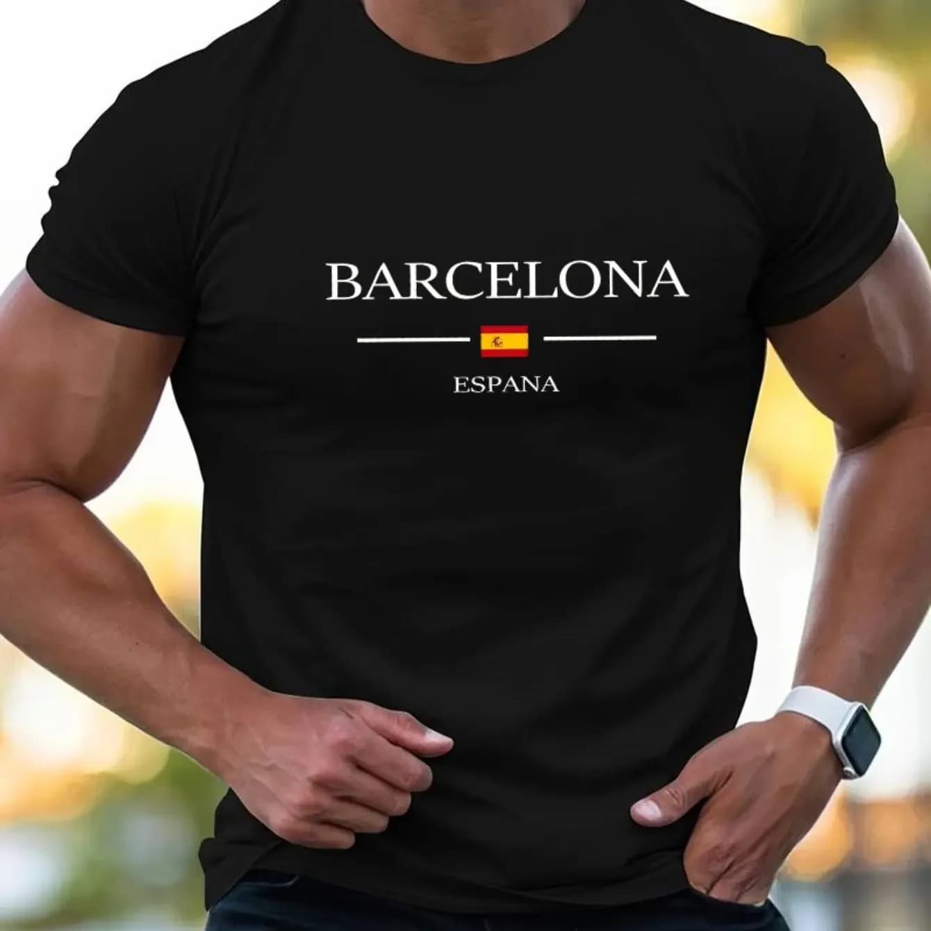 T-shirt imprimé Lettre Barcelone 100% Coton Coupe décontractée d'été Col rond Manches courtes pour H