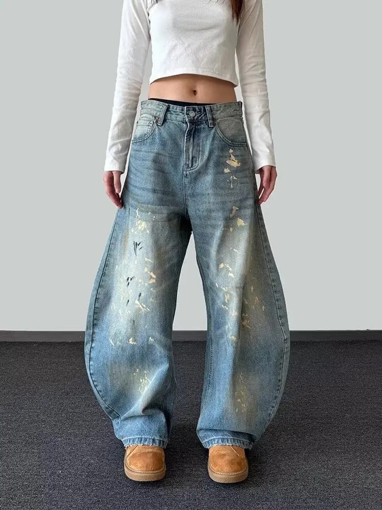 2025 Ropa Y2K mode peinture à l'encre Vintage bleu Baggy jean pantalon pour femmes vêtements vieille