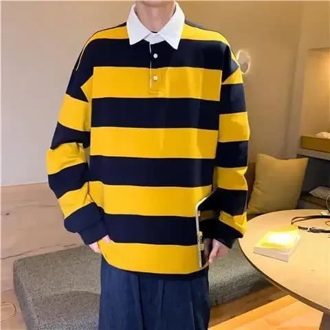 Polo à manches longues pour hommes, vêtements à rayures jaunes et blanches, nouvelle tendance social