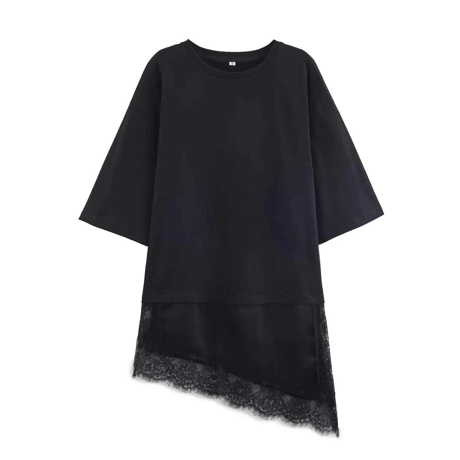 T-shirt asymétrique à col rond et manches courtes pour femme, style vintage avec patchwork en dentel