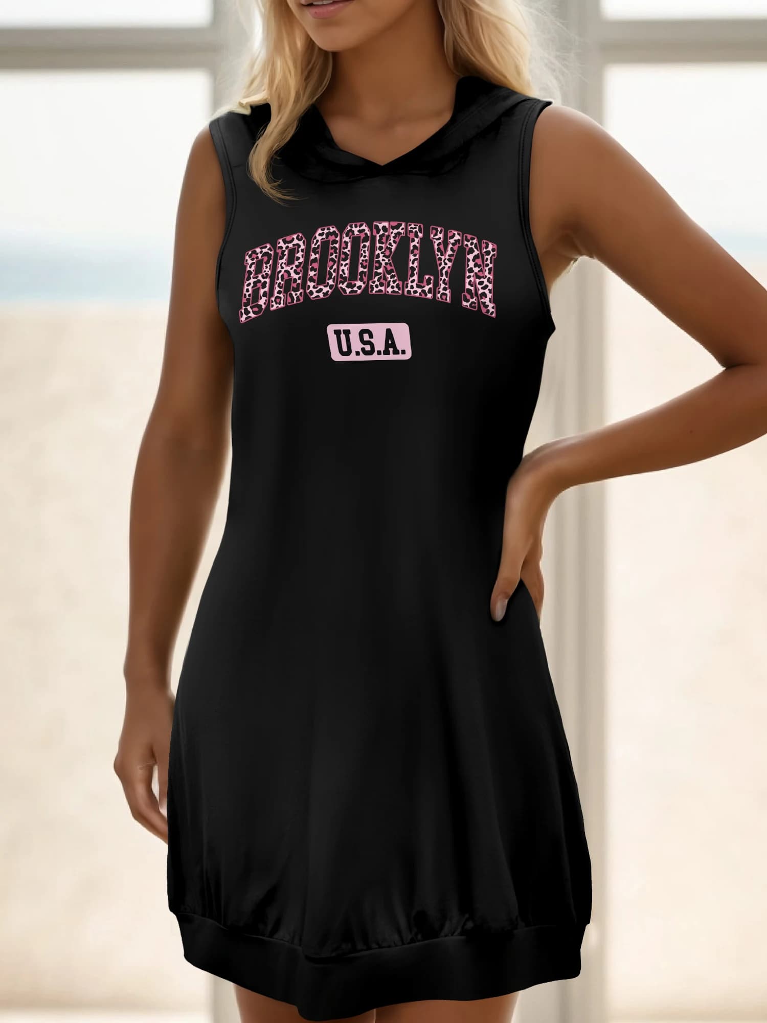 Robe sans manches à capuche imprimée léopard rose Brooklyn USA pour femme, style américain, coupe am