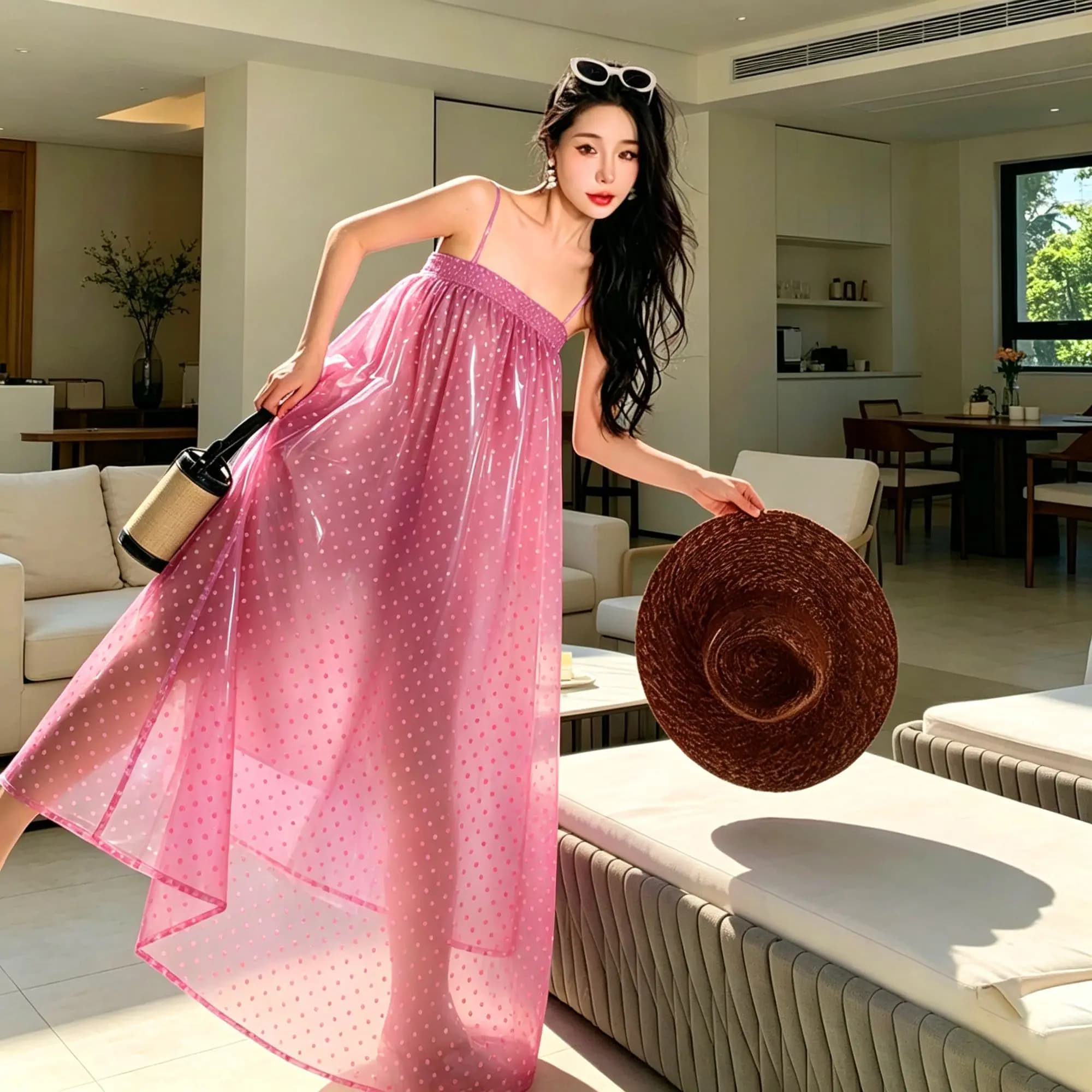 Jupe longue en PVC imperméable pour femme, sexy, élastiquée, transparente, style robe à bretelles, c