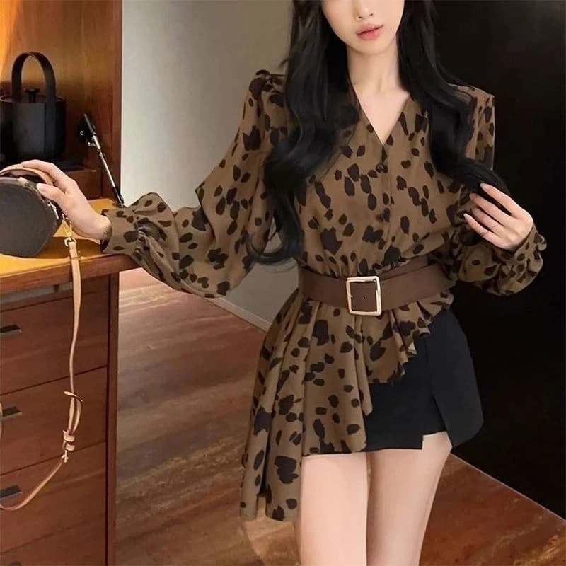 Chemisier Vintage imprimé léopard pour femmes, manches longues, coupe ample, avec ceinture à nouer à
