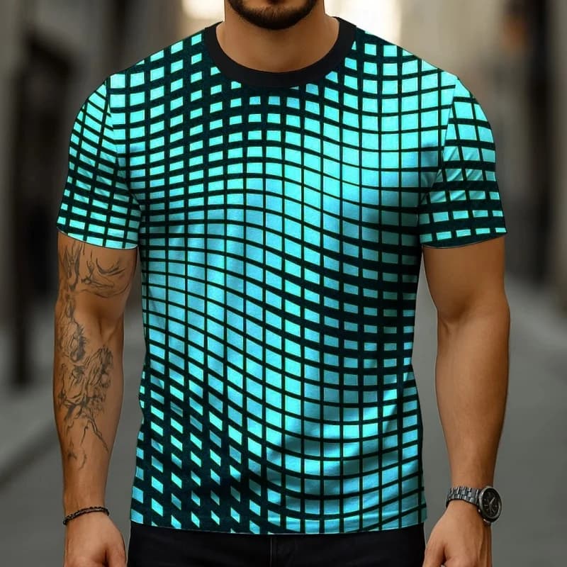 T-Shirt à motif de grille amusant pour hommes, géométrie colorée, imprimé en 3D, décontracté, col ro
