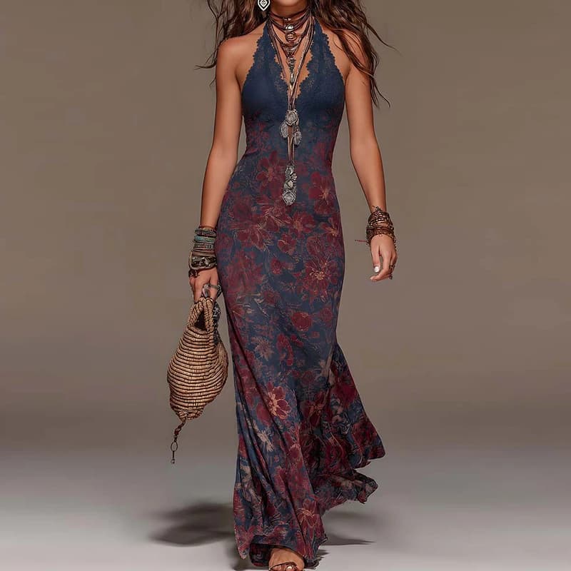 Robe de soirée vintage à col halter et patchwork en dentelle, robe longue élégante imprimée dos nu p