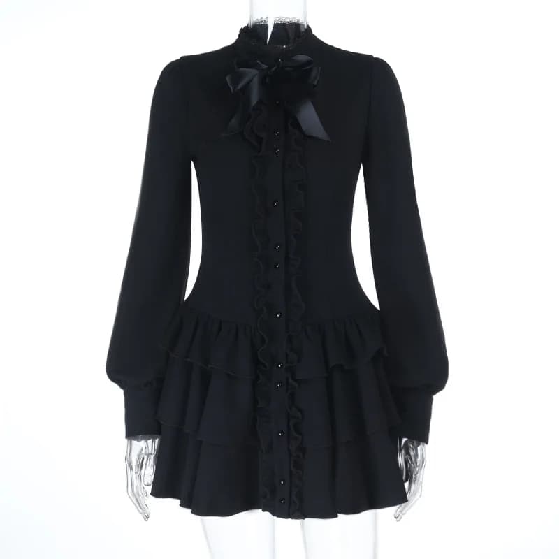 Goth Dark Fashion – Mini robe trapèze à ourlet à volants pour femmes, tenues à manches lanternes, ro