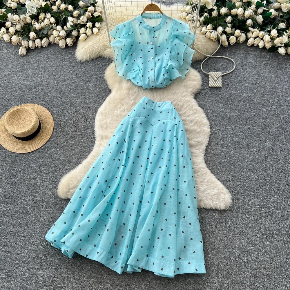 Chic Vintage imprimé bouton élégant taille haute mode coréenne robes deux pièces ensemble femmes vêt