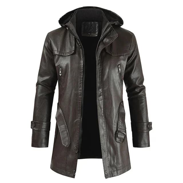 Manteau Long en cuir à capuche pour hommes, vêtements coupe-vent, manteau de moto en cuir pour homme