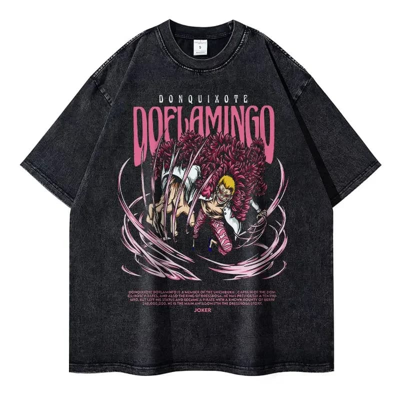 T-shirt Bandai Anime One Piece Doflamingo Vintage Délavé Oversize Streetwear Manga Nika à Manches Co