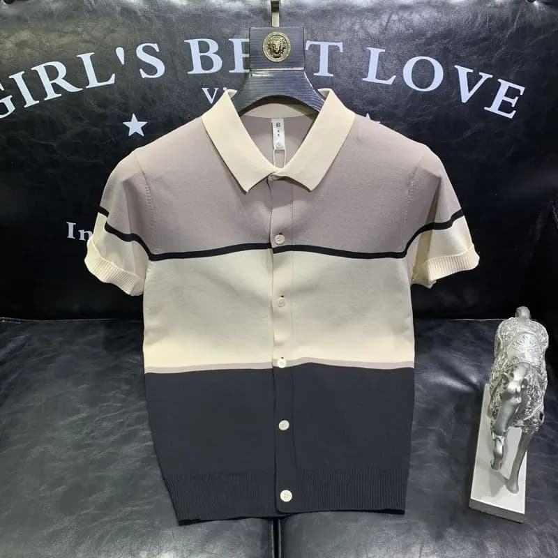 Cardigan tricoté en soie glacée de couleur contrastée pour hommes, POLO à manches courtes