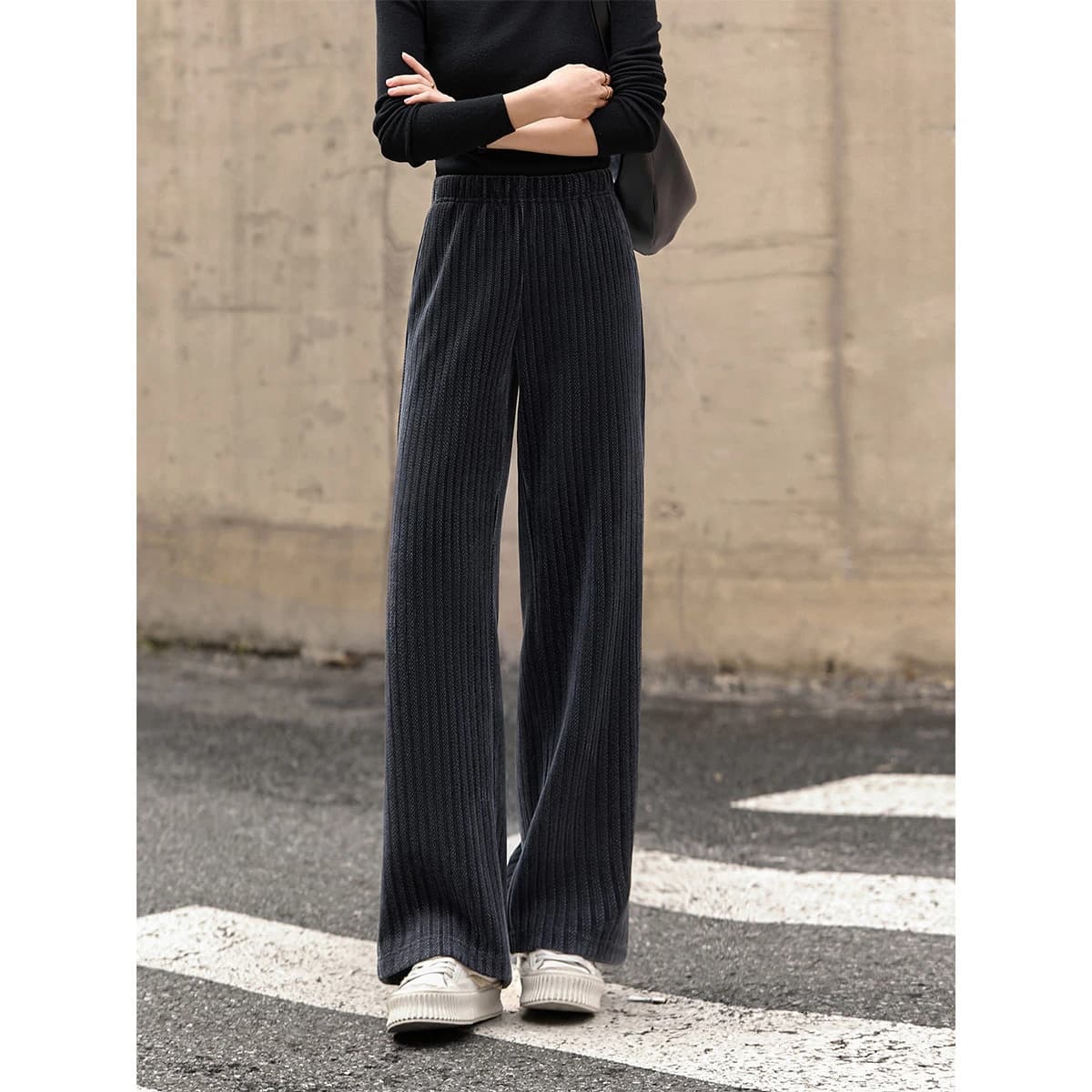 VIMLY Nouveau pantalon pour femme 2026 décontracté en tricot à rayures, taille élastique, jambe larg