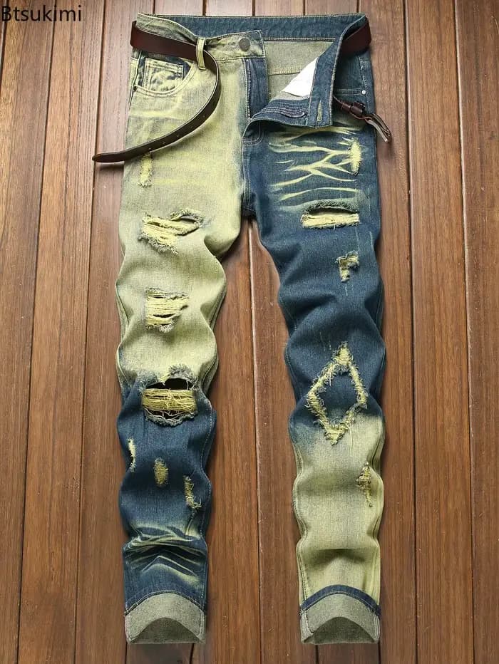 Nouveau jean rétro homme déchiré jambe droite pantalon