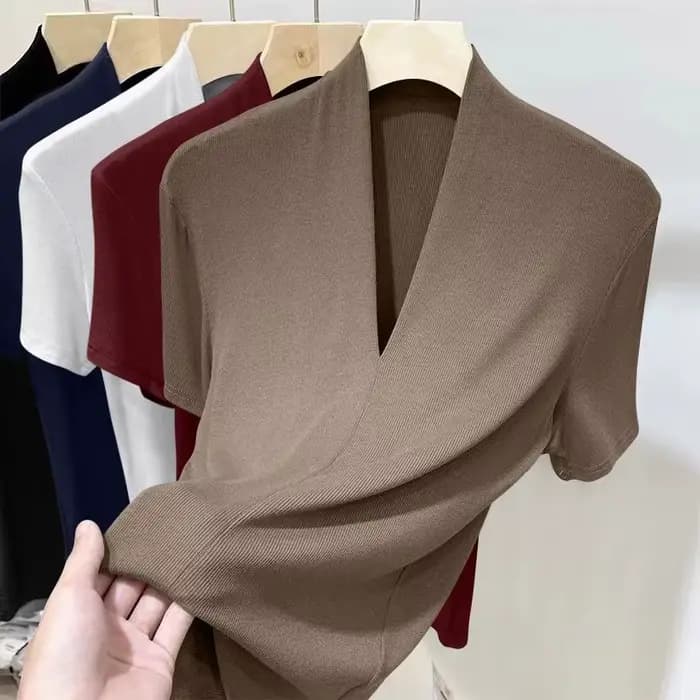 Nouveau haut à manches courtes fileté pour femmes, mode d'été, chemise de Base polyvalente, grande taille, coupe cintrée, col en v, T-shirt décontracté et Sexy