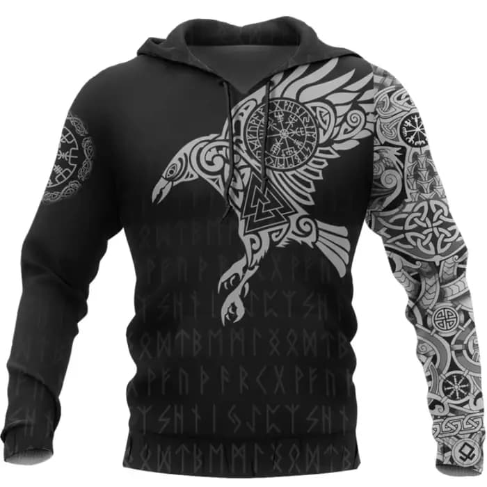 Sweat à capuche imprimé 3D Huginn et Muninn Odin Tattoo pour hommes