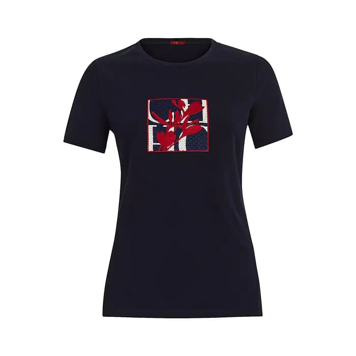 T-shirt à manches courtes pour femme CH, avec un col rond et une broderie florale rouge, un haut déc