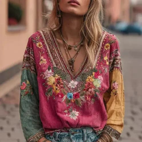 Chemise décontractée à col en V imprimée pour femmes