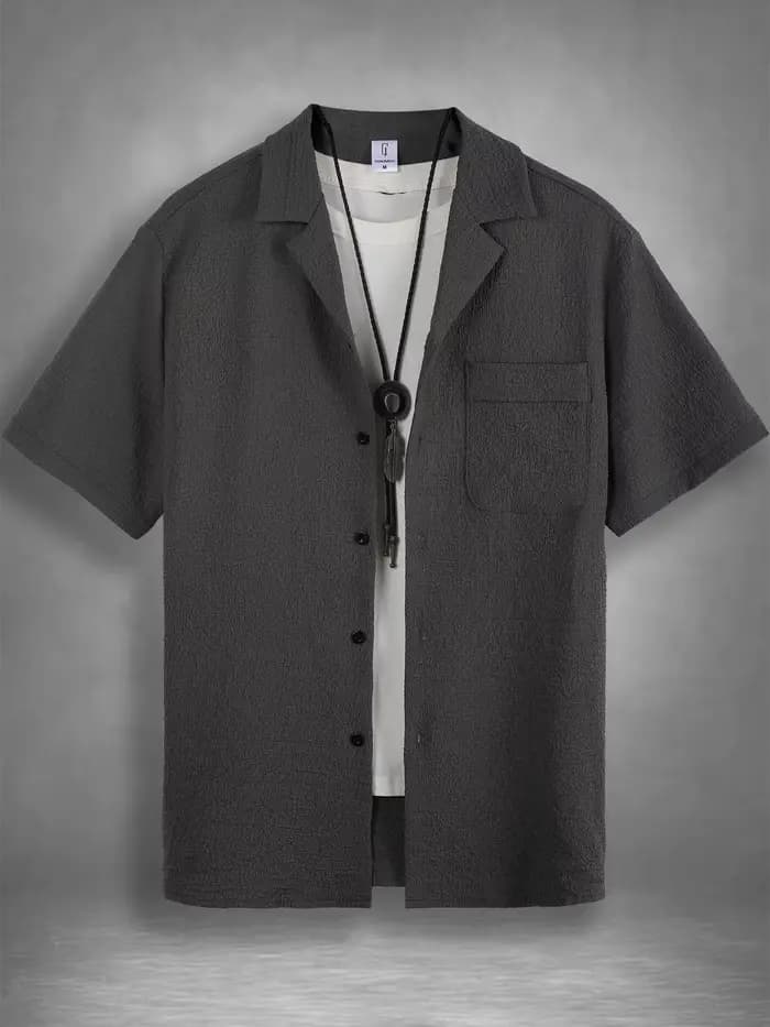 Chemise à col cubain texturée pour homme, décontractée et respirante, à manches courtes, pour l'été