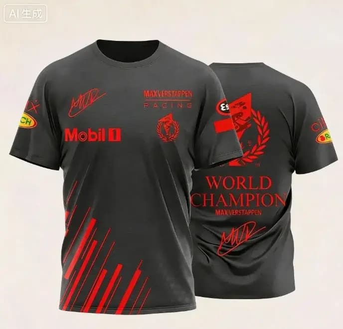T-shirt sur le thème de la course Max Verstappen avec logo et signature du champion du monde pour les fans de course, à porter au quotidien