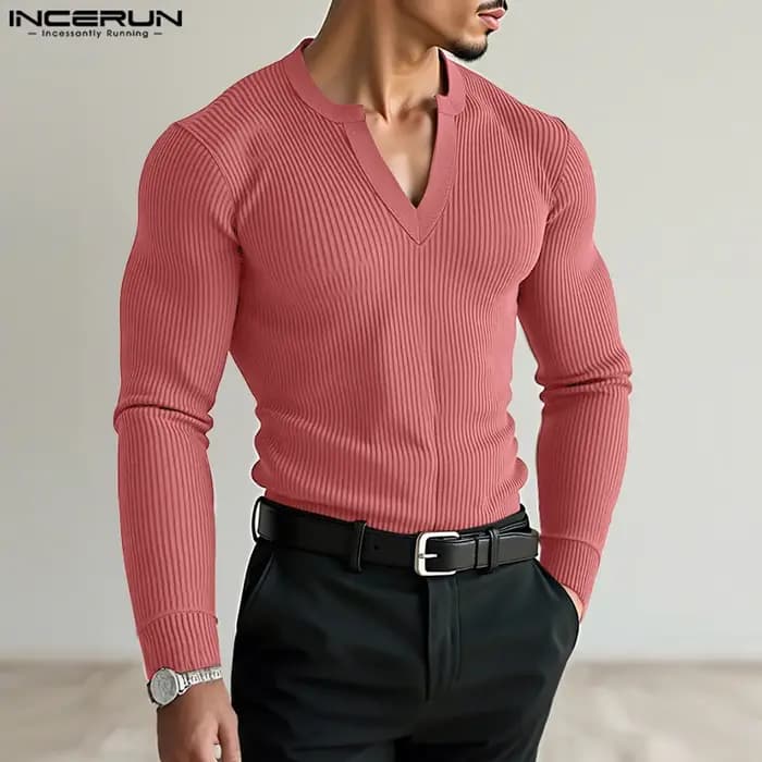 INCERUN hommes t-shirt couleur unie col en V à manches longues tricoté Streetwear mâle