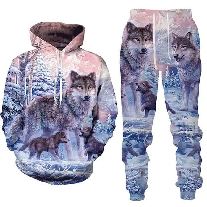 Loup Animal impression 3D sweats à capuche pantalon ensemble hommes automne