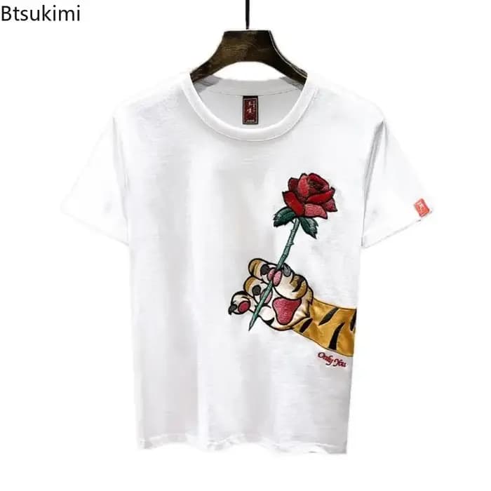 Nouveau T-shirt pour homme à manches courtes brodé de roses