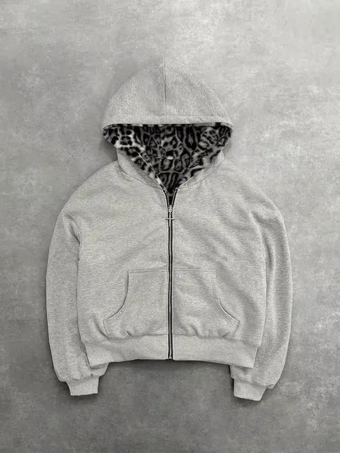 Sweat à capuche léopard rétro avec fermeture éclair, pull ample décontracté, personnalité automne-hi