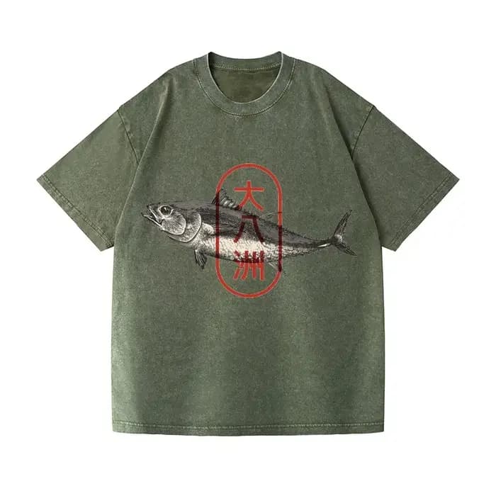 Mode d'été 100% coton lavé acide T-shirts hommes grandes huit îles du japon thon poisson Vintage lavage Design japonais