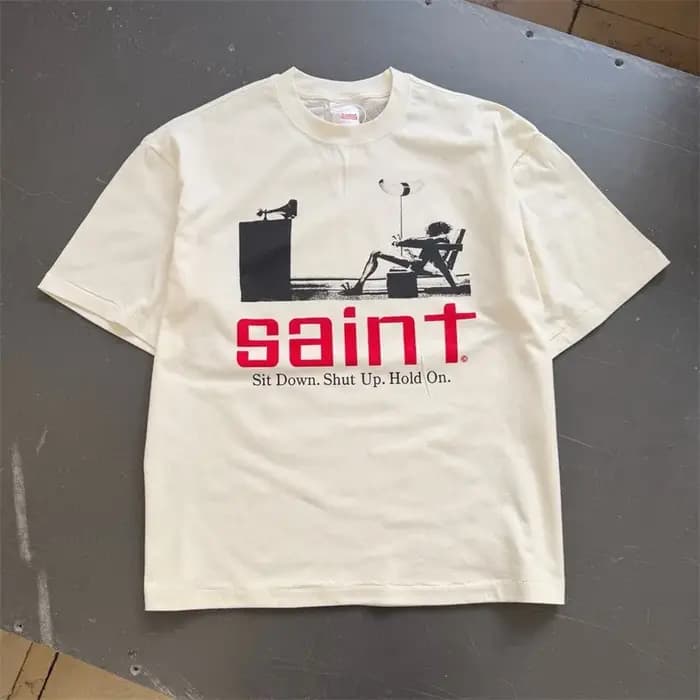 S'asseoir. Taisez-vous. Attendez. T-shirt Saint Vintage style streetwear coupe ample pour hommes et femmes