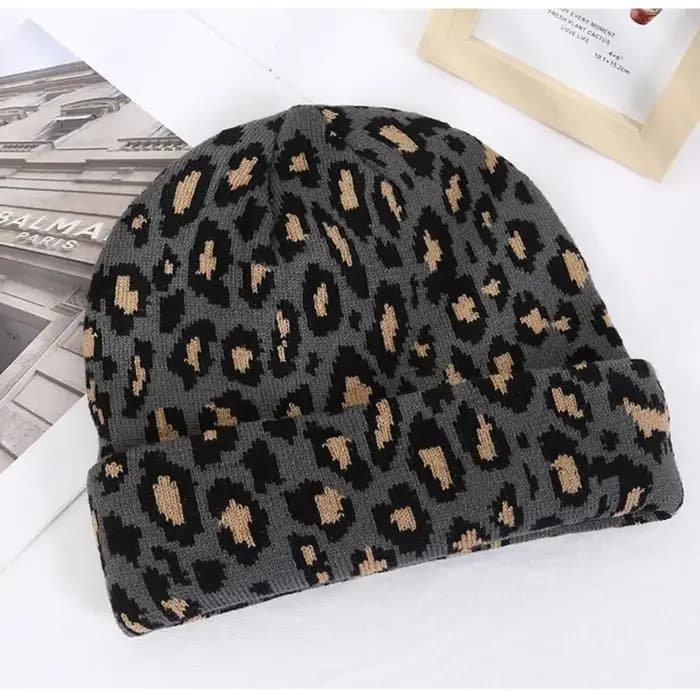 Bonnet tricoté doux imprimé léopard style Y2K