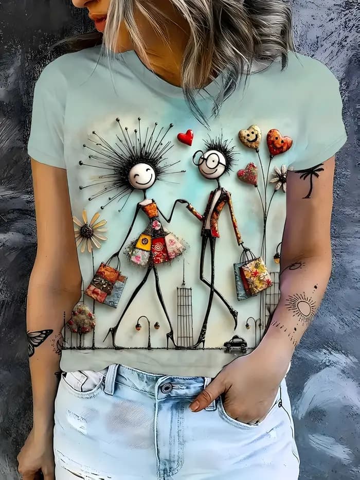 T-shirt bleu clair pour femme - Motif graphique de couple fantaisiste