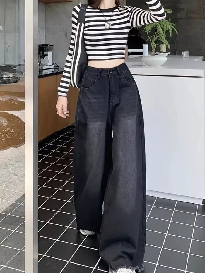 Jean élégant Chic américain Vintage noir à jambes larges pour femmes