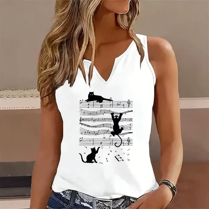 Débardeur sans manches col en V décontracté avec motif chat musical amusant pour femme