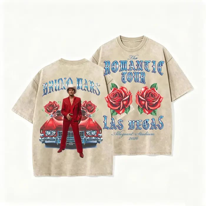 T-shirt vintage délavé Bruno Mars The Romantic Tour Las Vegas 2026, imprimé double face, motif rose,