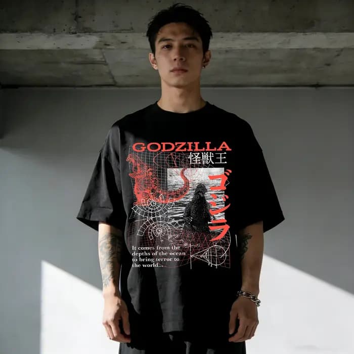 T-shirt graphique Godzilla Kanji double face à manches courtes pour hommes et femmes
